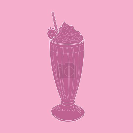 Téléchargez les illustrations : Illustration dessinée à la main d'un milkshake rose, accompagné d'une paille et d'une crème fouettée, sur fond rose tendre - en licence libre de droit