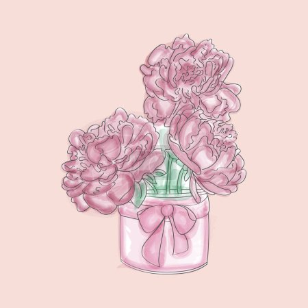 Illustration for A vase placed on a table is filled with pink flowers. The flowers are blooming beautifully, adding a pop of color to the room - Royalty Free Image