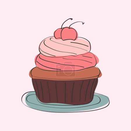A delectable cupcake topped with pink frosting and a juicy cherry perched on top. The cupcake is displayed against a plain background, showcasing its simplicity and sweetness