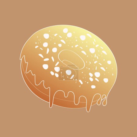 Ilustración de Un delicioso donut rematado con glaseado colorido y salpicaduras, situado en un fondo marrón neutro. La golosina parece recién horneada y seductora. - Imagen libre de derechos