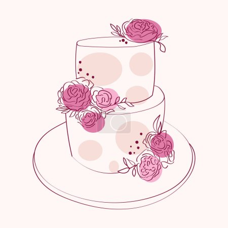 Téléchargez les illustrations : Un gâteau à deux niveaux orné de délicates fleurs roses sur la couche supérieure. Le gâteau semble peint à la main avec des dessins complexes - en licence libre de droit