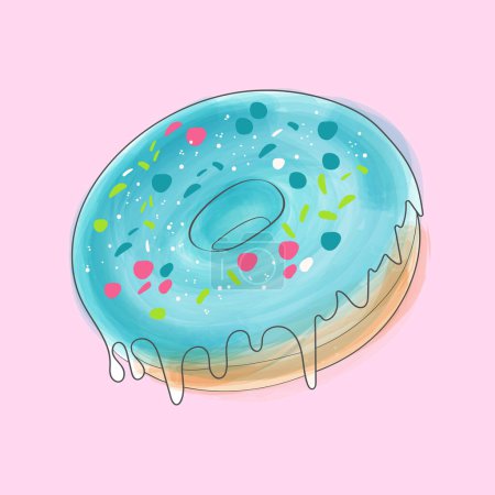 A delectable donut featuring colorful sprinkles and sweet icing on a vibrant pink backdrop. The sugary treat is perfectly displayed, tempting the viewer to indulge in its sugary goodness