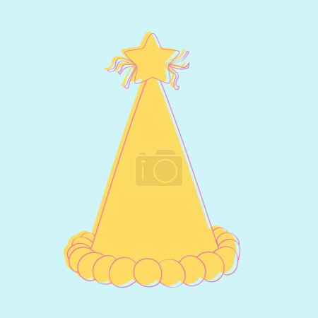 Illustration for A festive yellow party hat with a star on top, perfect for birthday celebrations and special occasions. The hat is hand-painted with doodle details, adding a fun touch to any party ensemble - Royalty Free Image