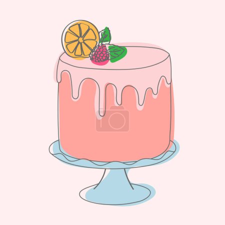 Téléchargez les illustrations : Un gâteau rose avec une tranche d'orange est placé sur le dessus, créant un dessert vibrant et coloré. Le gâteau semble fraîchement cuit et décoré avec soin - en licence libre de droit