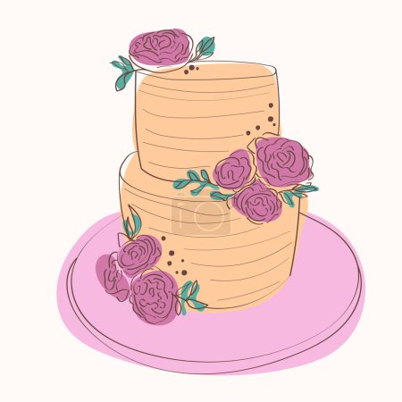 Téléchargez les illustrations : Un gâteau à deux niveaux décoré de fleurs peintes à la main sur la couche supérieure. Le gâteau semble être conçu de manière complexe et visuellement attrayant - en licence libre de droit