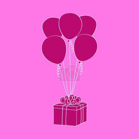 Illustration for A pink background featuring a colorful present and festive doodle hand-painted balloons. The balloons are floating above the present, creating a fun and celebratory scene - Royalty Free Image