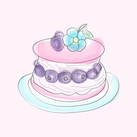 Illustration for A hand-drawn watercolor illustration of a three-layer cake adorned with delicate flowers on top. The cake is intricately decorated, showcasing the layers and floral details - Royalty Free Image