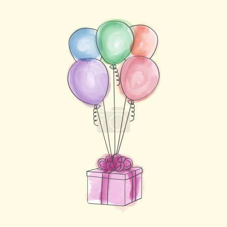 Illustration for A hand-drawn illustration of a present wrapped with a bow, accompanied by colorful balloons floating above it. The image captures a festive and celebratory atmosphere - Royalty Free Image