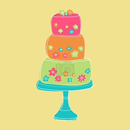 Téléchargez les illustrations : Un gâteau à trois niveaux orné de fleurs colorées sur chaque couche. Les fleurs sont peintes à la main dans un style doodle, ajoutant une touche fantaisiste à la conception du gâteau - en licence libre de droit