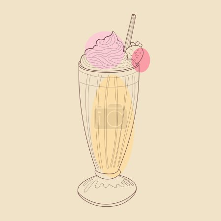 Una ilustración dibujada a mano de un helado colorido con capas de helado, salsa de chocolate, crema batida y una cereza en la parte superior, todo presentado en un vaso