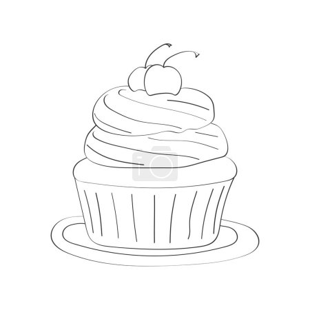 Ilustración de Delicioso cupcake blanco y negro cubierto con una cereza sentada en un plato blanco. El cupcake está decorado con chispas y se ve tentador - Imagen libre de derechos