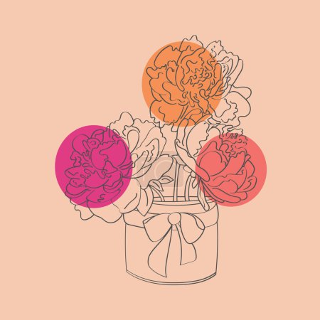 Illustration for A drawing of peonies in a vase set against a pink background. The delicate flowers are intricate sketches, showcasing their beauty and elegance in a simple yet charming composition - Royalty Free Image