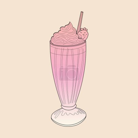 Téléchargez les illustrations : Un milkshake rose avec une paille et une boule de crème glacée sur le dessus, sur un fond uni. La boisson est en verre clair avec des glaçons - en licence libre de droit
