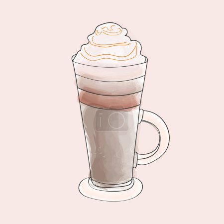 Illustration for A cup filled with hot coffee topped with a generous swirl of whipped cream. The cream is fluffy and perfectly complements the rich aroma of the coffee - Royalty Free Image