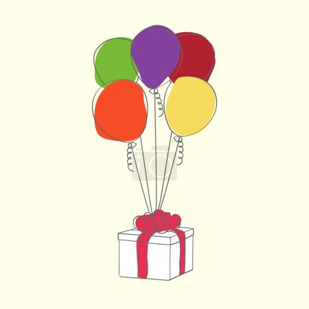 Illustration for Vibrant doodle hand-painted balloons stuffed inside a gift box, ready for a special occasion. The balloons are assorted in various shapes and sizes, adding a touch of festivity to the gift - Royalty Free Image