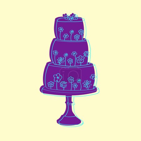 Illustration for A hand-drawn illustration of a three-tiered cake adorned with delicate flowers. The cake is detailed with intricate decorations and piping, showcasing a traditional yet elegant design - Royalty Free Image