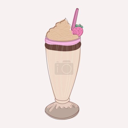Illustration for A hand-drawn illustration of a milkshake with a straw and a juicy red strawberry placed on top. The artwork showcases a creamy milkshake in a classic glass filled with a delicious treat - Royalty Free Image