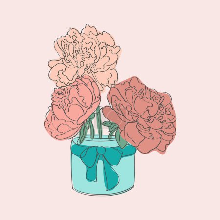 Un jarrón azul lleno de flores rosadas se coloca sobre un fondo rosa. Las flores parecen ser peonías pintadas a mano garabato