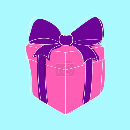 Téléchargez les illustrations : Une boîte-cadeau rose peinte à la main avec un arc violet vibrant se trouve sur une surface. La boîte a l'air soigneusement emballée et prête à être donnée en cadeau - en licence libre de droit
