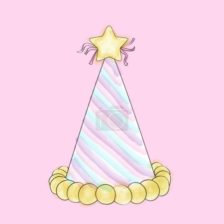 Illustration for A hand-painted watercolor birthday hat featuring a star on top. The hat is colorful and festive, perfect for celebrating a special occasion - Royalty Free Image