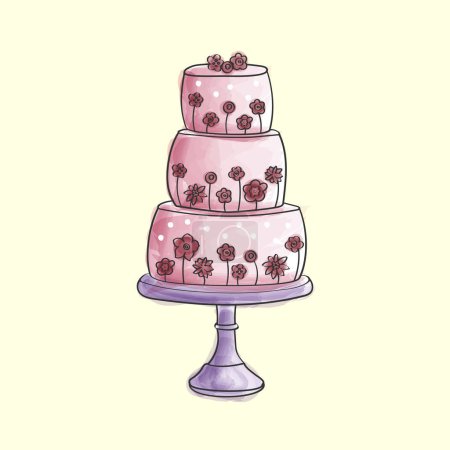 Un dibujo de acuarela pintado a mano de un pastel de tres niveles adornado con flores de colores. El pastel está intrincadamente detallado con capas y glaseado, mientras que las flores agregan un toque de elegancia y belleza