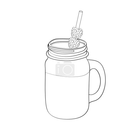 Illustration for A mason jar, with a red and white striped straw, contains a single grape atop the lid. The simple yet colorful composition creates a playful and refreshing image - Royalty Free Image