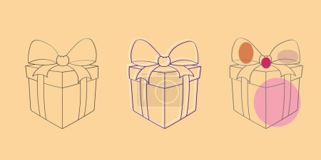 Illustration for Three colorful gift boxes are displayed, each one featuring a decorative bow on top. The boxes are neatly arranged next to each other, creating a festive and joyful scene - Royalty Free Image