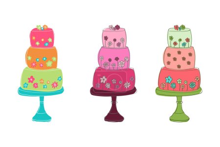 Téléchargez les illustrations : Trois gâteaux de couleurs différentes sont placés les uns sur les autres, créant une pile colorée et visuellement attrayante - en licence libre de droit