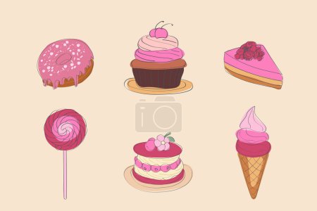 Téléchargez les illustrations : Une variété de gâteaux et de sucettes sont disposés ensemble dans un affichage coloré et tentant. Différentes saveurs, formes et tailles peuvent être vues, créant une propagation attrayante de dessert - en licence libre de droit