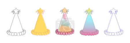 Five party hats adorned with stars are displayed together, ready for a festive celebration. Each hat features colorful designs and a quirky style, perfect for a party atmosphere