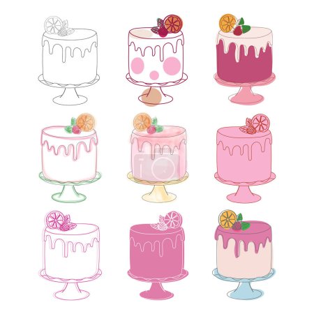 Illustration for Various types of cakes are arranged neatly on a white background. Each cake differs in flavor, decoration, and size, creating an appealing display of delicious treats - Royalty Free Image