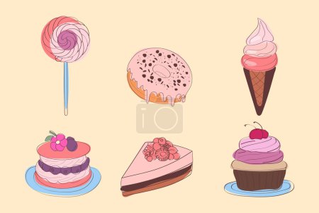 Téléchargez les illustrations : Gâteaux et desserts sont disposés dans un regroupement, mettant en valeur différentes saveurs, couleurs et textures. Des cheesecakes crémeux aux gâteaux au chocolat décadents, cet assortiment propose une gamme de friandises sucrées - en licence libre de droit