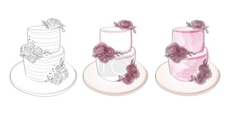 Eine detaillierte Zeichnung mit drei verschiedenen Arten von Kuchen, die jeweils ihre einzigartigen Gestaltungselemente und Aromen präsentieren