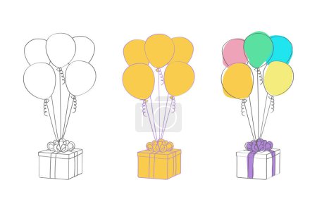 Trois ballons colorés flottent dans les airs à côté d'un coffret cadeau enveloppé dans un ruban. Les ballons et les boîtes-cadeaux sont le point central de la composition