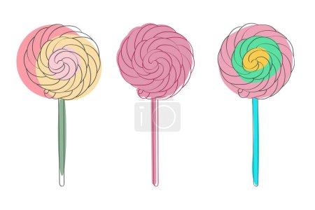 Illustration for Three lollipops of varying colors red, blue, and green on a clean white background. Each lollipop features a swirl design and is evenly spaced apart - Royalty Free Image
