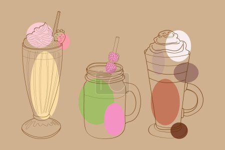 Illustration for A hand-drawn illustration featuring three distinct types of beverages, showcasing their unique characteristics and colors - Royalty Free Image