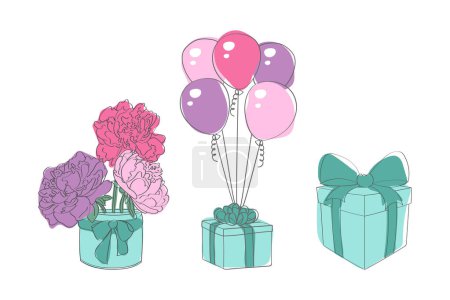 Illustration for A bouquet of colorful flowers and balloons arranged in a vase with a gift box. The flowers are in full bloom, complemented by the vibrant balloons adding a festive touch to the arrangement - Royalty Free Image