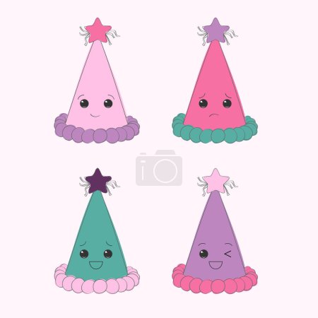 Illustration for A set of four colorful party hats, each adorned with a unique facial expression. These hats showcase different emotions and personalities, adding a playful touch to any celebration - Royalty Free Image