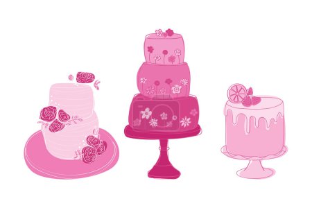 Illustration for Three assorted cakes, each with a unique design and flavor. The cakes vary in size, shape, and toppings, showcasing a variety of dessert options - Royalty Free Image