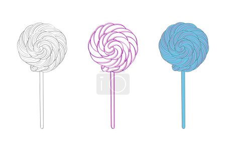 Illustration for Three lollipops of different colors red, blue, and white are placed on a plain white background. The lollipops are standing upright, showcasing their vibrant and contrasting hues - Royalty Free Image