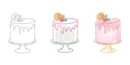 Die Zeichnung zeigt drei Torten mit unterschiedlichen Belägen, die Vielfalt und Kreativität bei der Dessertdekoration zeigen. Jede Torte ist einzigartig mit Toppings verziert