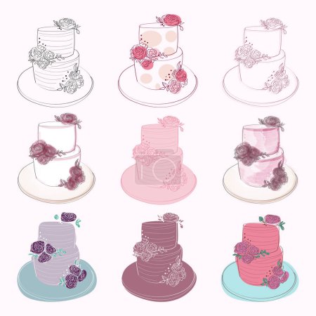 Téléchargez les illustrations : Une variété de différents types de gâteaux sont affichés sur des assiettes. Chaque gâteau est unique en saveur, forme et décoration - en licence libre de droit