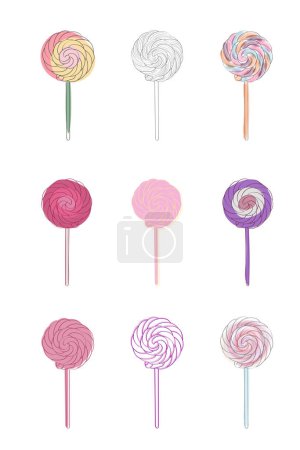 Illustration for Colorful lollipops stacked on top of each other, form a sweet and colorful display. The various flavors and designs of the candies create an eye-catching arrangement - Royalty Free Image