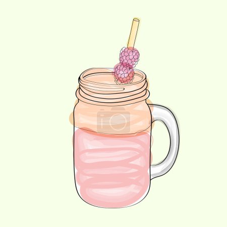 Illustration for A mason jar filled with a fruity smoothie, topped with a vibrant raspberry and a straw. The watercolor illustration captures the freshness and simplicity of this drink - Royalty Free Image