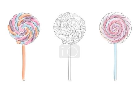Illustration for Three colorful lollipops are neatly lined up in a straight row, creating a visually appealing pattern. Each lollipop features a different flavor and unique swirl design on its round candy surface - Royalty Free Image
