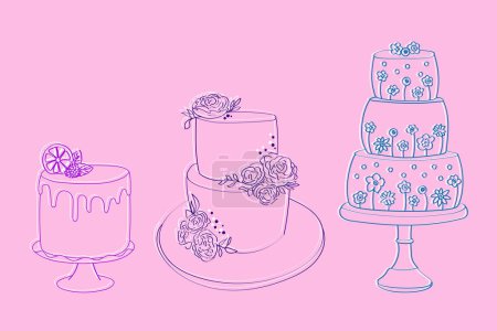 Téléchargez les illustrations : Trois gâteaux sont illustrés sur un fond rose vif. Chaque gâteau a des dessins et des décorations uniques, créant une scène visuellement attrayante - en licence libre de droit