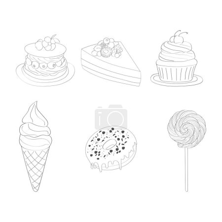 Un dibujo detallado muestra varios pasteles y postres, incluyendo cupcakes, pasteles, tartas, pasteles y galletas