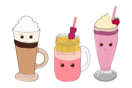 Illustration for Three drinks are depicted, each with a distinct emoticon face drawn on them. The drinks appear to be expressing different emotions or personalities through their facial features - Royalty Free Image