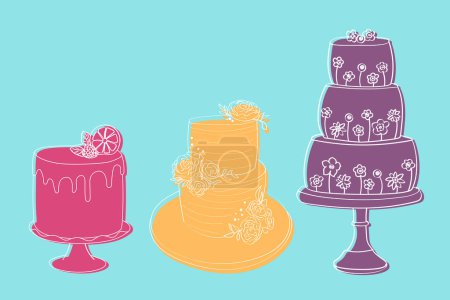 Illustration for Three distinct cakes of varying flavors and designs create visually appealing and unique desserts - Royalty Free Image