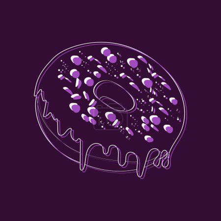 Ein einzelner lila Donut mit bunten Streuseln ist fein säuberlich auf einem lila Hintergrund angeordnet. Der Donut ist mit einer glatten violetten Glasur überzogen und mit einer Auswahl an Streusel belegt